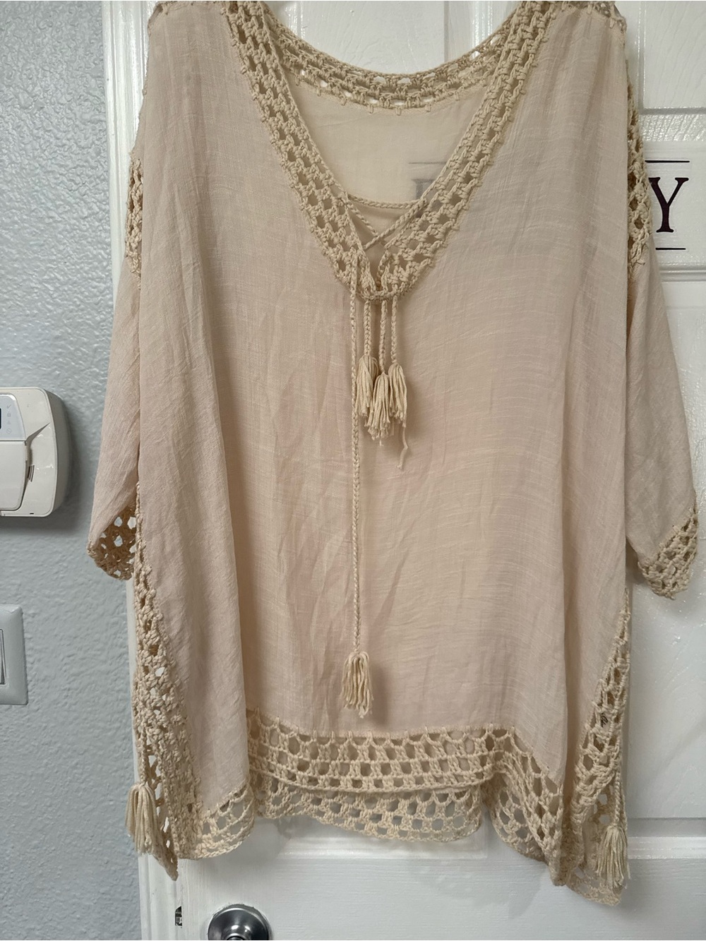 Light Beige Crochet-Trim Women's Boho Top